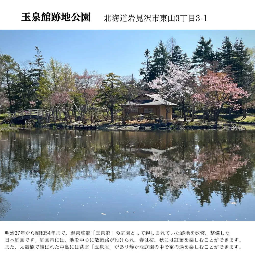 春の桜と池に景色が映る玉泉館跡地公園